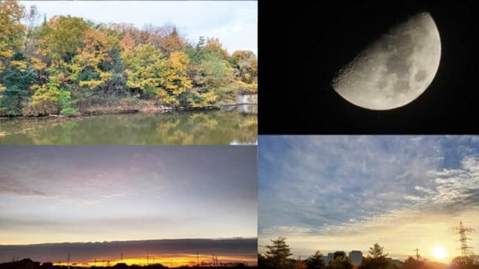 昨日，昨夜，今朝の風景　里山の紅葉，木星＋月，日の出前・日の出