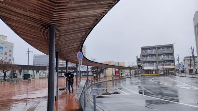 雨の日の平日の牛久駅の東口:木のアーケード