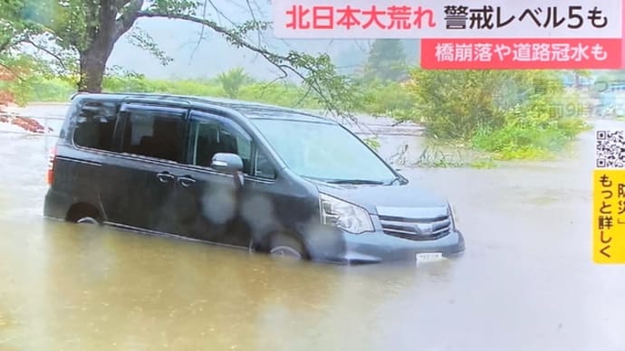 青森でワゴン車がタイヤ部分迄水没