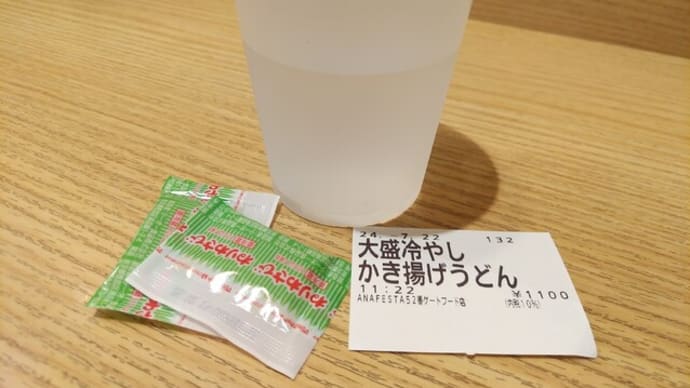 |M3157|立ち食い巡礼:羽田空港ANA側搭乗エリア『ANA FESTA 52番ゲートフードショップ』で、冷やしかき揚げうどんの大盛りを大変おいしく頂きました!〔付:この冷やしうどんのコシは・・〕