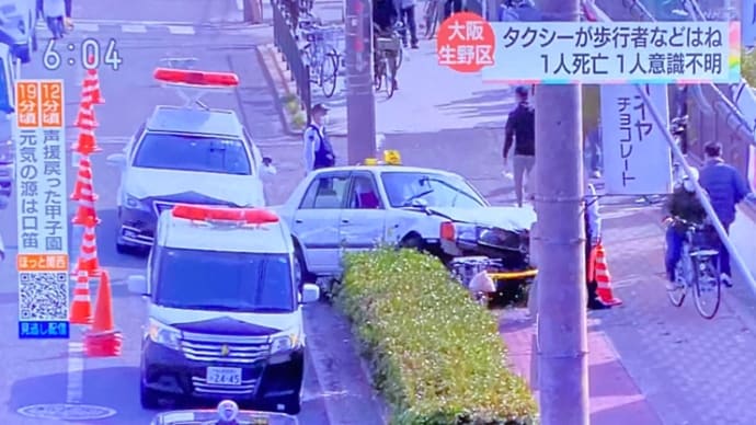 大阪で個人タクシーの外道のクソジジイが信号無視して歩行者を轢き逃げして殺害 更にモペット等に打つかる