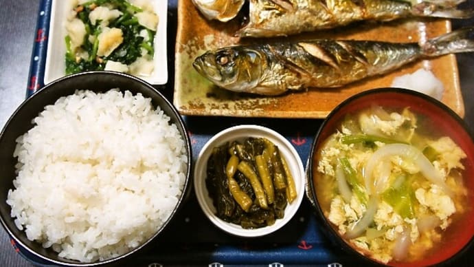 家で朝ご飯(宮城県産ひとめぼれにイワシの塩焼き、野菜と玉子のみそ汁、ほうれん草のおひたし等)(2021年5月22日)