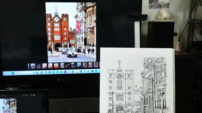 今日の絵は「ロンドンの街角」のペン描き下絵です