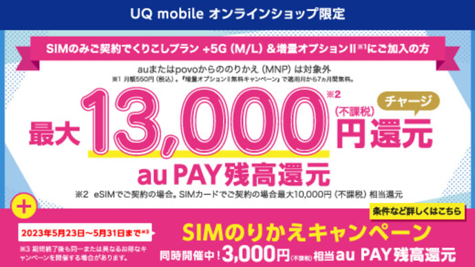 UQmobile くりこしプラン +5G 新規申込受付を5/31終了！最後のチャンス！最大16,000円相当還元中！