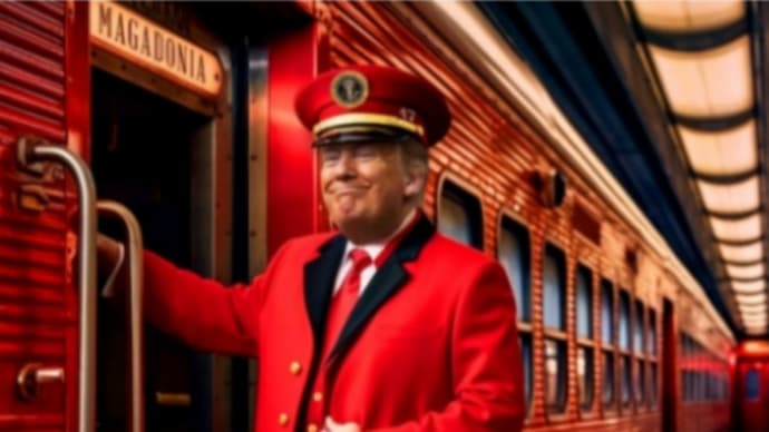 トランプ大統領！すべて乗船(搭乗)！ALL ABOARD!!!getterポスト！赤いコートと赤いネクタイと赤い帽子で赤い列車の前に立つトランプ大統領！きっと朗報！