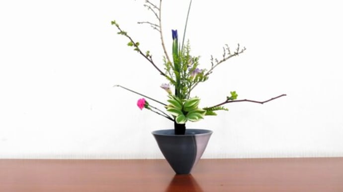黄色い花レンギョウとキイチゴを合わせて・・立花・フリージアと