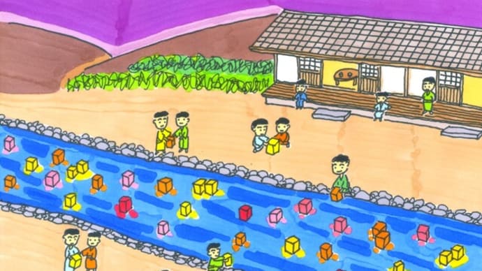灯篭流しを楽しむ少年たち