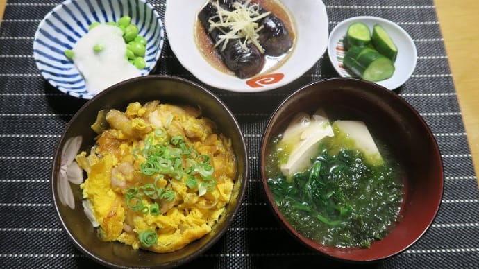 親子丼と茄子の揚げ浸しと枝豆とろろ、炊屋食堂の簡単安く旨く・・・庶民の味。