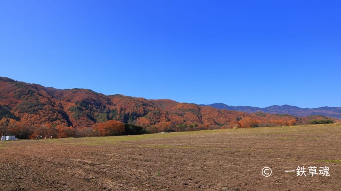 木曽の高原と刈り取られた畑