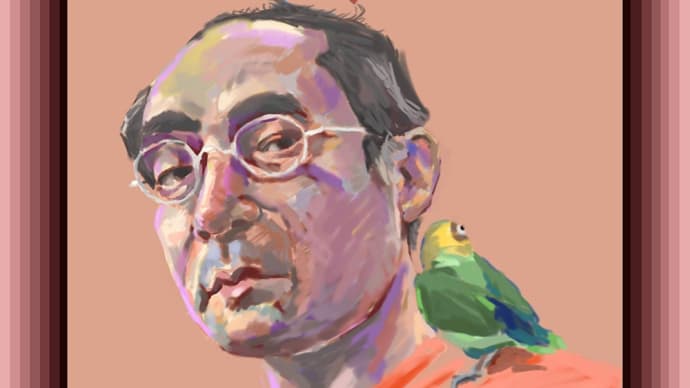 Man-portrait with red-breasted Parakeet 5896/ダルマインコを乗せた男