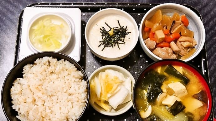 家で朝ごはん(発芽玄米ごはんに鶏肉と野菜の煮物、山芋のとろろ、納豆、豆腐とエリンギのみそ汁、白菜漬)(2023年4月20日)