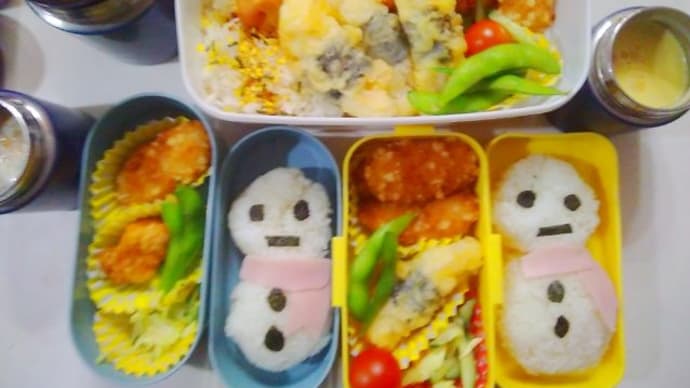 長男、次男、三女お弁当(雪だるまお弁当)2/10
