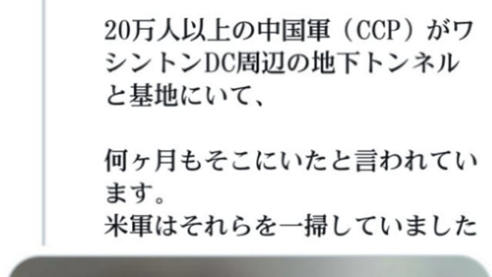 トランプ軍、子供救出作戦で、20万人以上の中国軍（CCP）がワシントンDC周辺の地下トンネルと基地にいた！米軍はそれらを一掃した！中国軍はヶ月もそこにいた！菅政権も中国共産党工作員！日本の政財界も