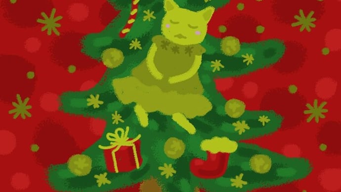 クリスマスのマウス描き猫イラスト。