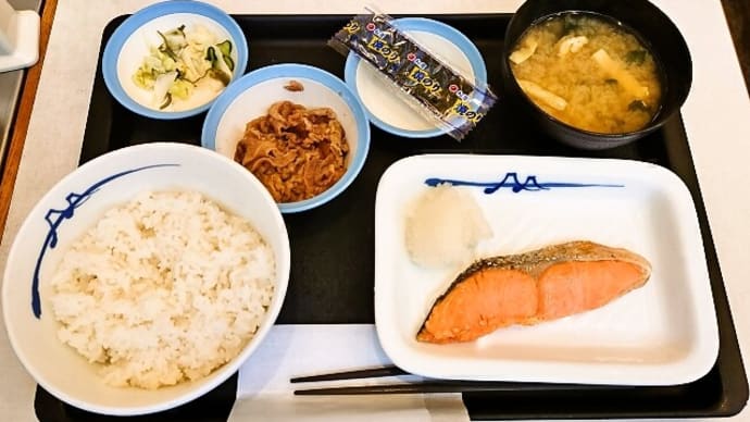 松屋(浦安駅前店)で焼鮭定食(小鉢はミニ牛皿)(2022年9月10日)