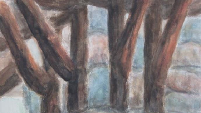 楽描き水彩画「聴松閣の石と丸太の玄関柱」