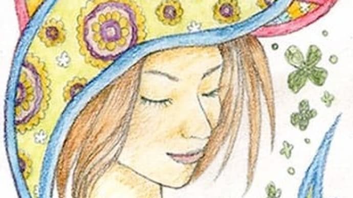 過去絵。女性イラスト。水彩色鉛筆、鉛筆。