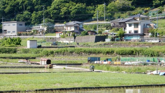 田んぼの作業と河原の釣り人~大月市