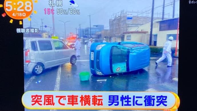 静岡で突風が吹いて軽乗用車が横転し高齢者の原付に打つかる