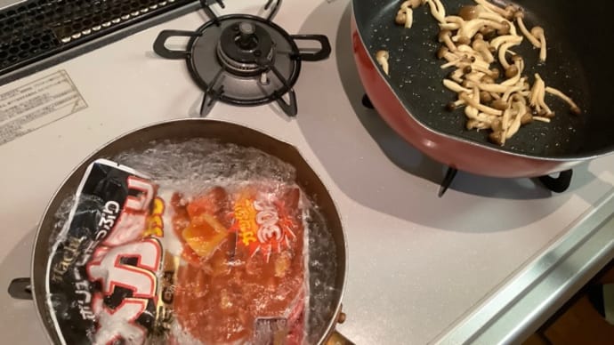 自家製とレトルト(^.^)カレー晩ご飯