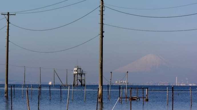 新春の久津間海岸の海中電柱と富士山のコラボ