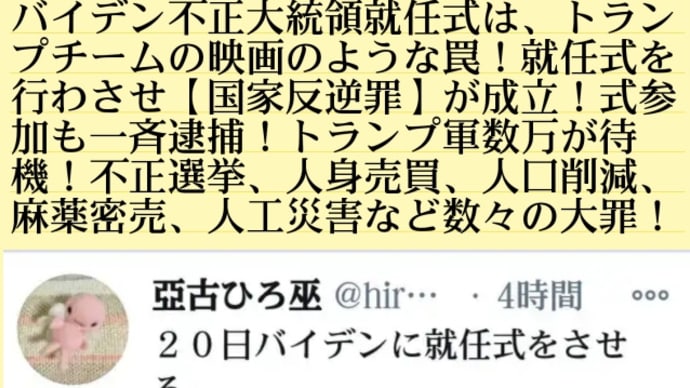バイデン不正大統領就任式は、トランプチームの映画のような罠!就任式を行わさせ【国家反逆罪】が成立!式参加も一斉逮捕!トランプ軍数万が待機!不正選挙、人身売買、人口削減、麻薬密売、人工災害など