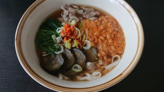 今日のこんにゃく麺は「豚バラとナスのにんにく風味」