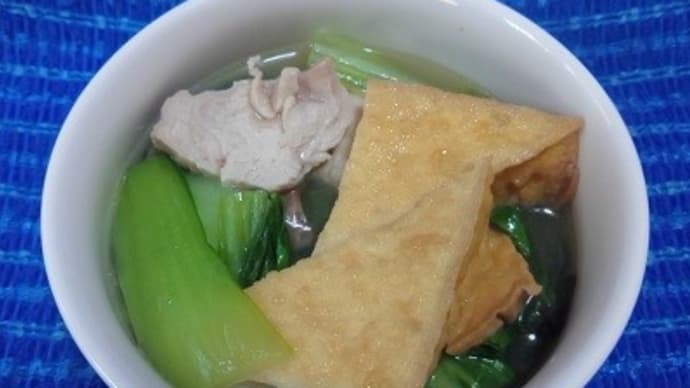 【04/02昼食】鹿児島県産桜島鶏胸青梗菜厚揚フカヒレスープ煮、今日の外出は終了したんだね:D