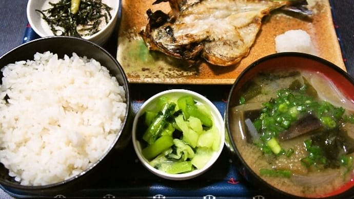 家で朝ご飯(ササニシキ+かおり米に自家製のアジの開き、米ナスと玉ねぎの味噌汁、長芋のとろろ、野沢菜漬け)(2021年2月15日)
