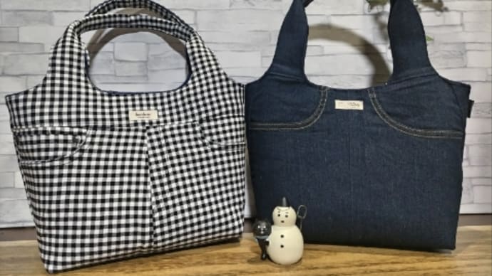 デニムスカートとパンツからリメイクの持ち手一体型トートバッグ完成〜\(^o^)/