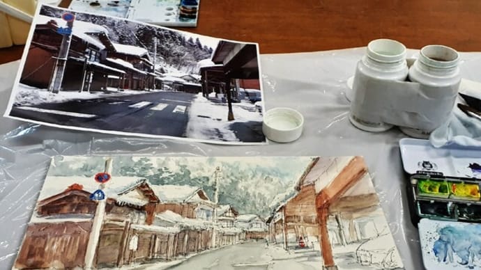 今日は「新潟県・栃尾の雁木通り」の絵を描きました!