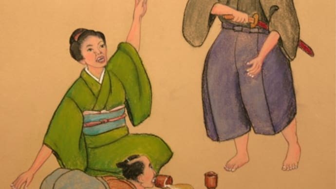 パステル画「ビールの絵・別編」お岩と伊右衞門
