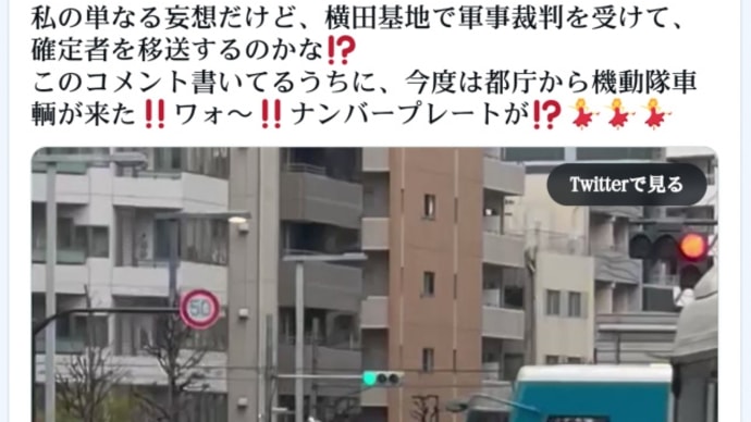 アライアンス連邦軍!都庁から機動隊車輌!新宿から西へ/2022年4月1日/軍用機、東京から埼玉/4月2日/単なる妄想だけど、横田基地で軍事裁判を受けて確定者を移送するのかな!?ナンバープレートが!