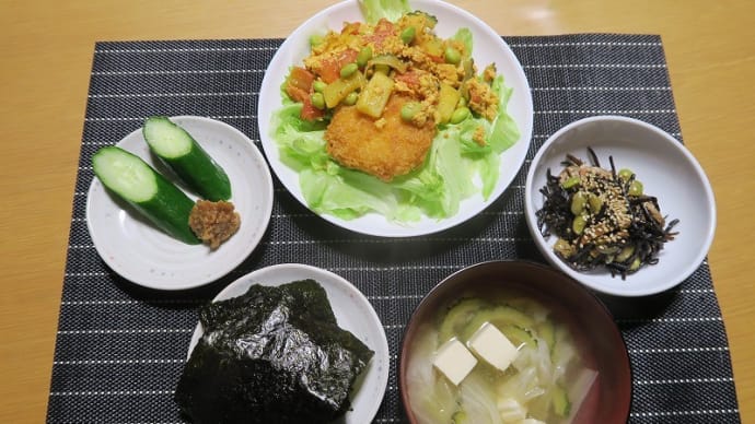 コロッケ定食、炊屋食堂の質素倹約一汁三菜、簡単安く旨く・・・庶民の味。