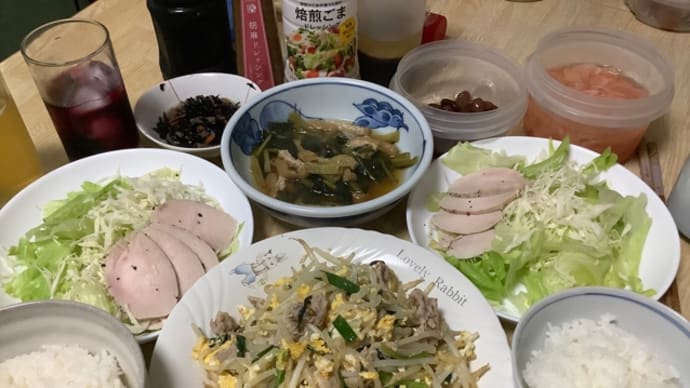 もやし炒め(^^)鶏ハムサラダ(^^)赤梅酒