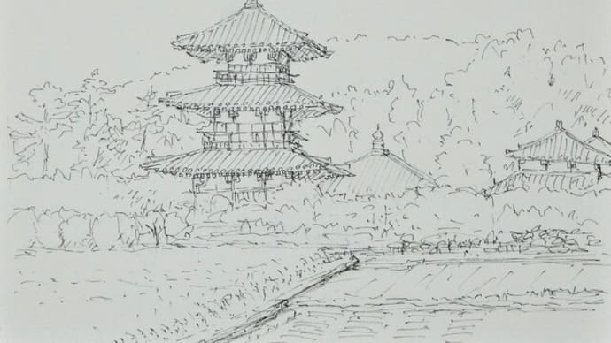 「法起寺」のペン描き下絵です!