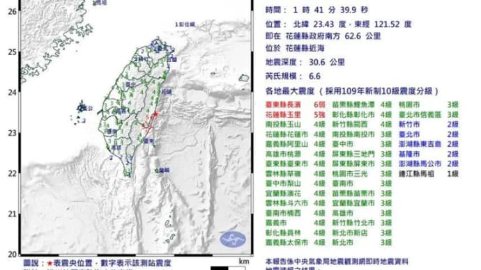 最近頻発する台湾の地震★未明24時～25時・体感震度４中～４強