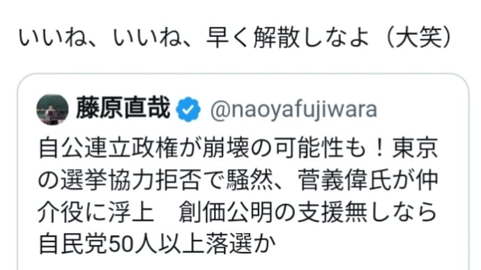 不正選挙の自公連立政権が崩壊の可能性も!東京の選挙協力拒否で騒然!菅義偉氏が仲介役に浮上!創価公明の支援無しなら自民党50人以上落選か!いいね、いいね、早く解散しなよ(大笑)