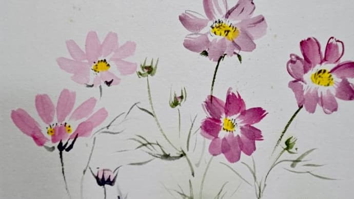 墨彩画で描く「秋桜」 1 色紙、ハガキ