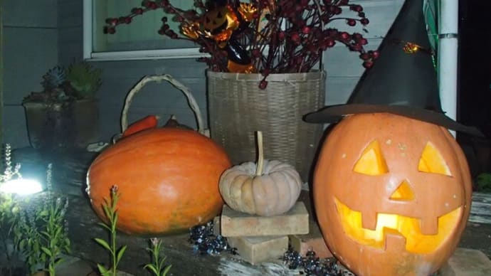 ハロウィンの飾りつけと玉ねぎの中耕