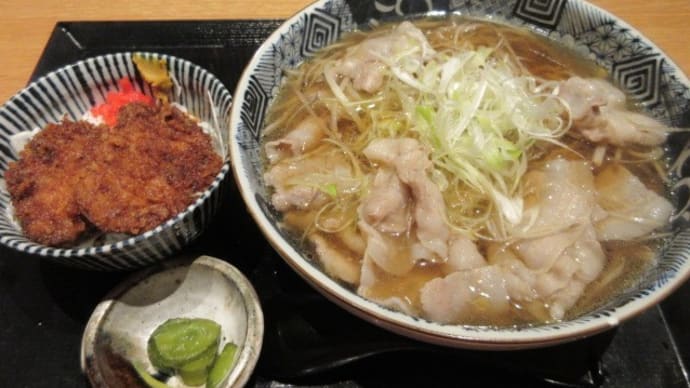 「まぼろし海鮮 陸奥」でボリュームあるランチ。温かい肉そば&ミニ豚ひれカツ丼