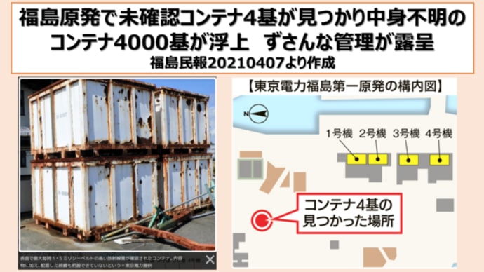 明日に向けて(2017)福島原発に中身不明のコンテナが4000基も!ずさんなことばかり続けている東電に放射能汚染水を海に流させるなんてとんでもない!