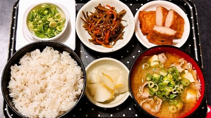 家で朝ご飯(押麦ごはんにいかキャベツ天、きんぴらごぼう、納豆、豚汁、ゆず大根の漬物)(2023年9月25日)