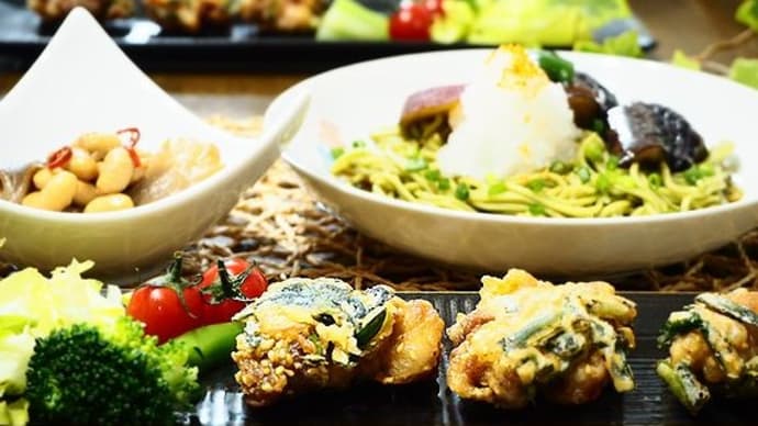 揚げなすの♪ぶっかけおろしそば&豚肉とにらのかき揚げ♪