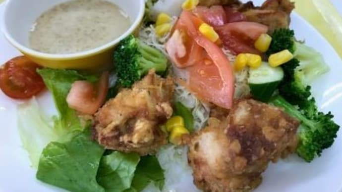 彩り野菜とチキンのプレートと白ご飯