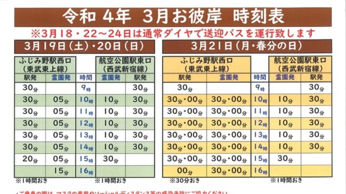 令和4年春のお彼岸無料送迎バスの御案内