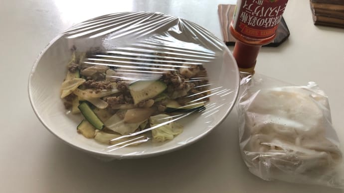 残りの炒め物と冷凍うどんで…