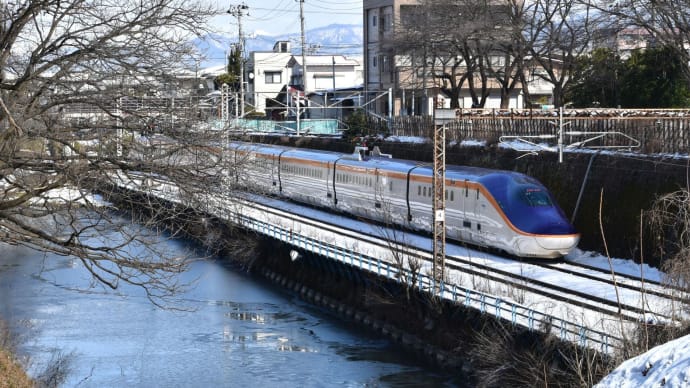凍ったお堀と新幹線。