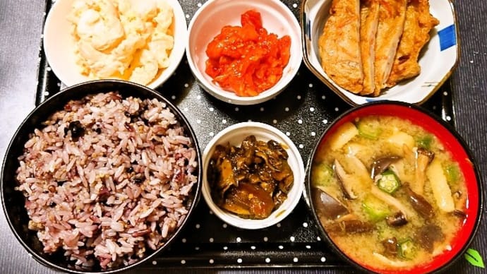家で朝ご飯(十六穀ごはんにさつま揚げ、イカキムチ、タマゴマカロニサラダ、平茸とオクラのみそ汁、葉唐きゅうり)(2022年7月16日)