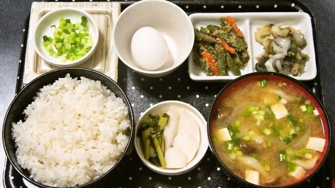家で朝ご飯(千葉県産ふさこがねにに玉ねぎとしめじのみそ汁、納豆、生卵(初卵)、インゲン豆のごま和え、貝わさび、かぶのぬか漬)(2021年8月28日)